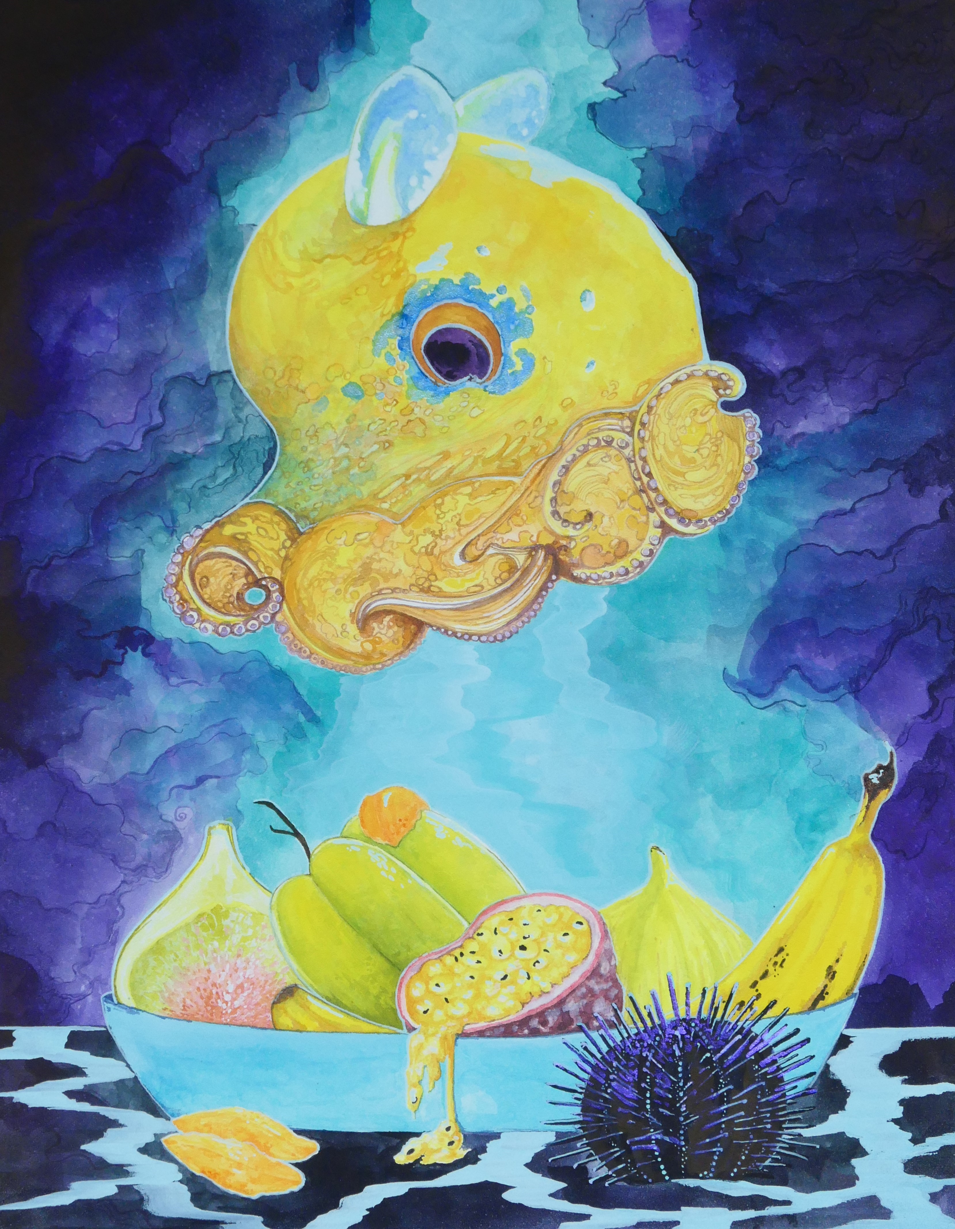 yellow flapjack octopus above a bowl of yellow fruits