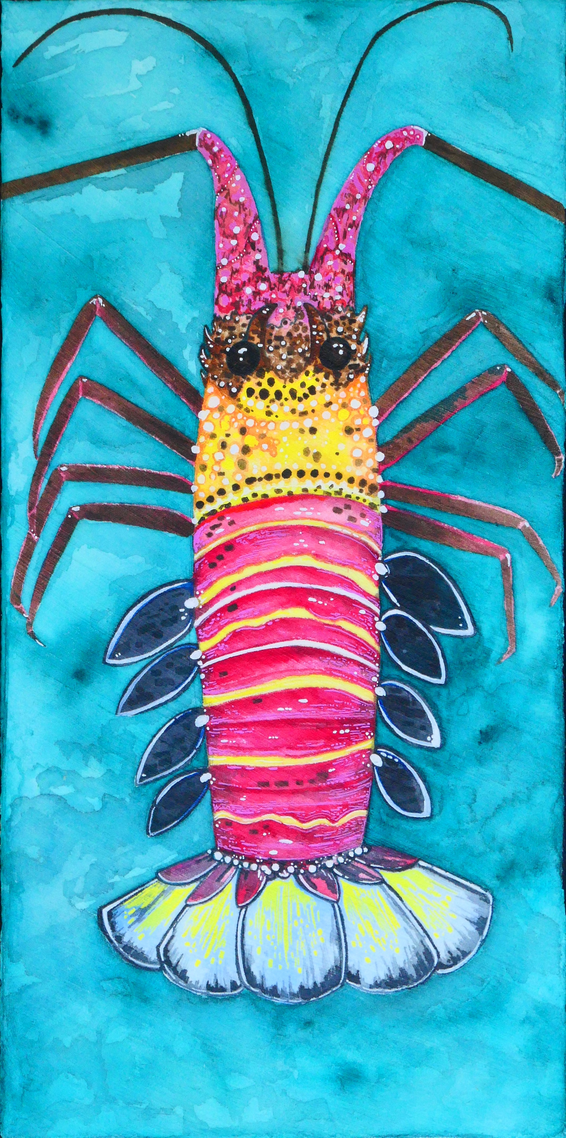 watercolor banded spiny lobster on an aqua background