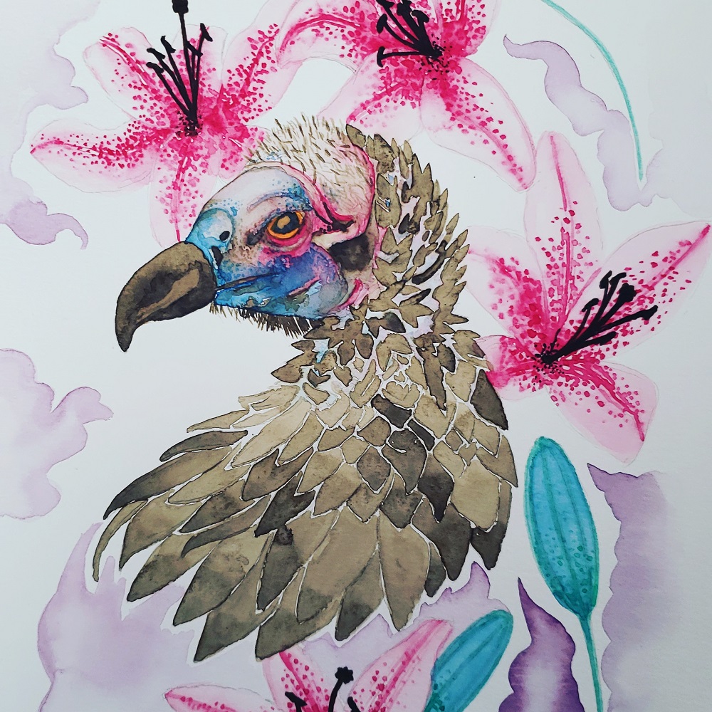 watercolor painting of a lappet faced vulture with lilies
